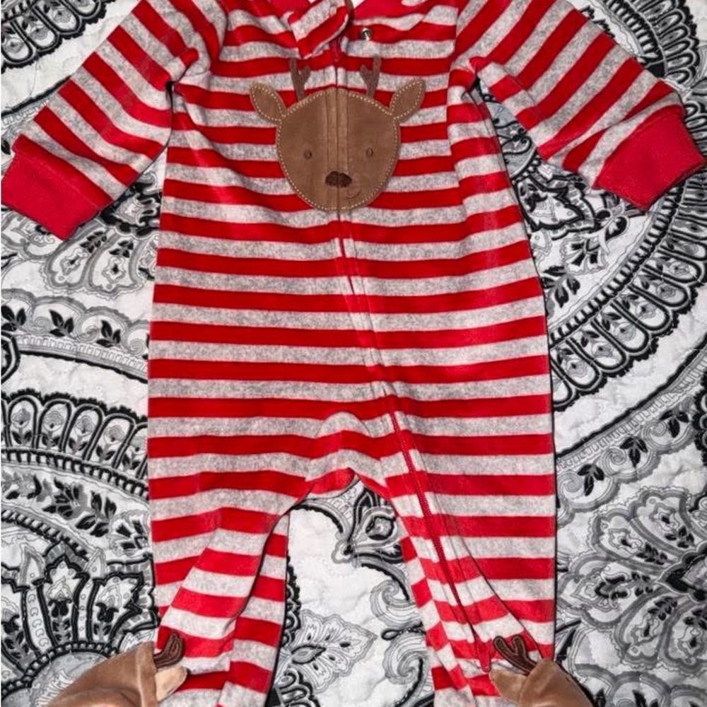 Carters 3 Months Red and Grey Striped Reindeer Sleeper